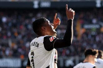 Cristhian Mosquera celebrates a goal for Valencia