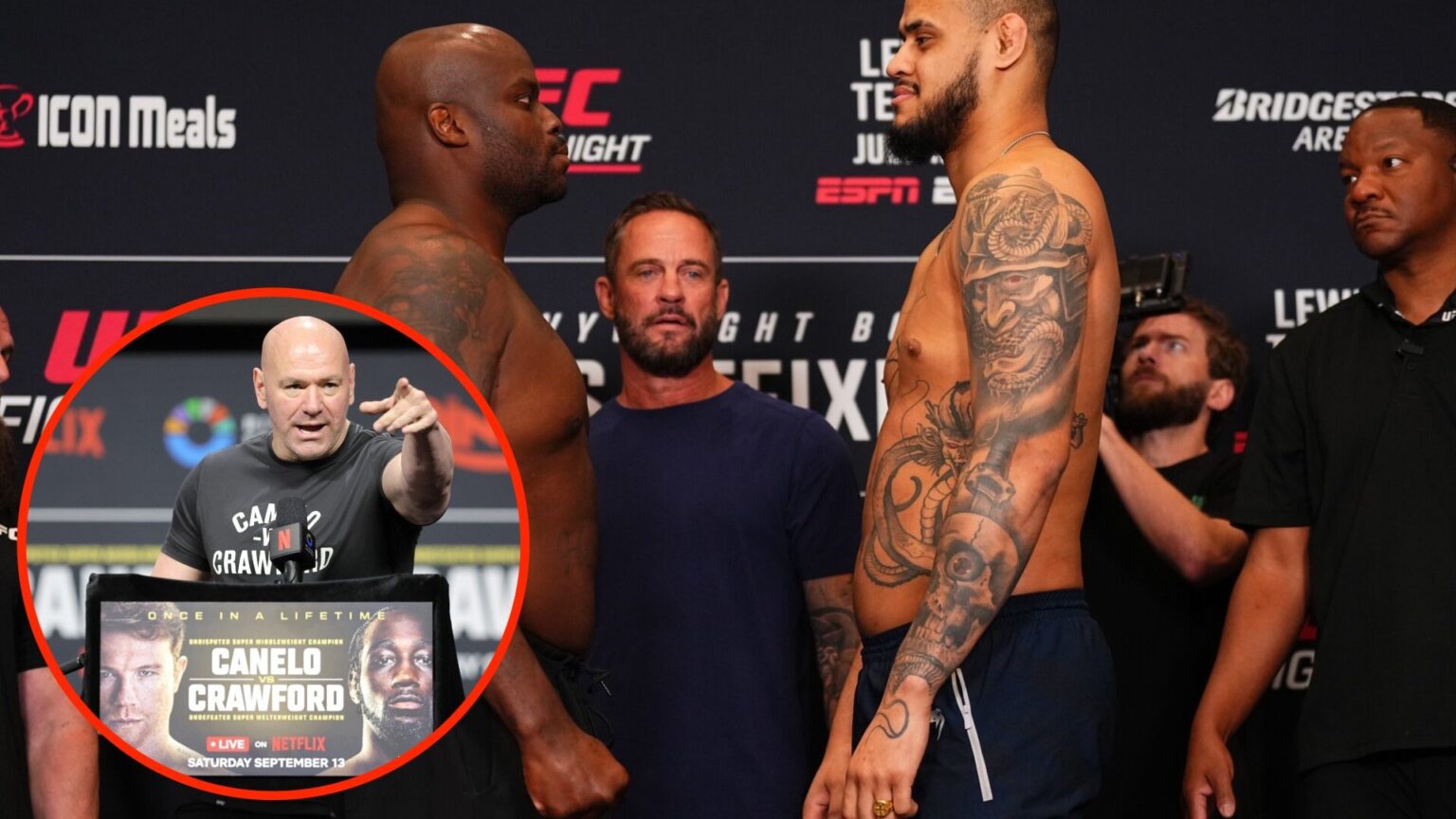 Dana White answers questions during Canelo Alvarez vs Terence Crawford press conference with Derrick Lewis facing off with Tallison Teixeira