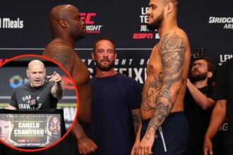 Dana White answers questions during Canelo Alvarez vs Terence Crawford press conference with Derrick Lewis facing off with Tallison Teixeira