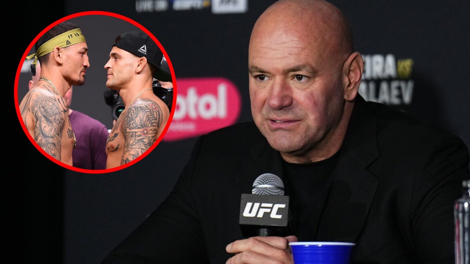 Dana White speaks at the UFC 313 press conference, inset Max Holloway and Dustin Poirier face off ahead of UFC 236
