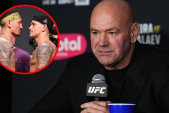 Dana White speaks at the UFC 313 press conference, inset Max Holloway and Dustin Poirier face off ahead of UFC 236