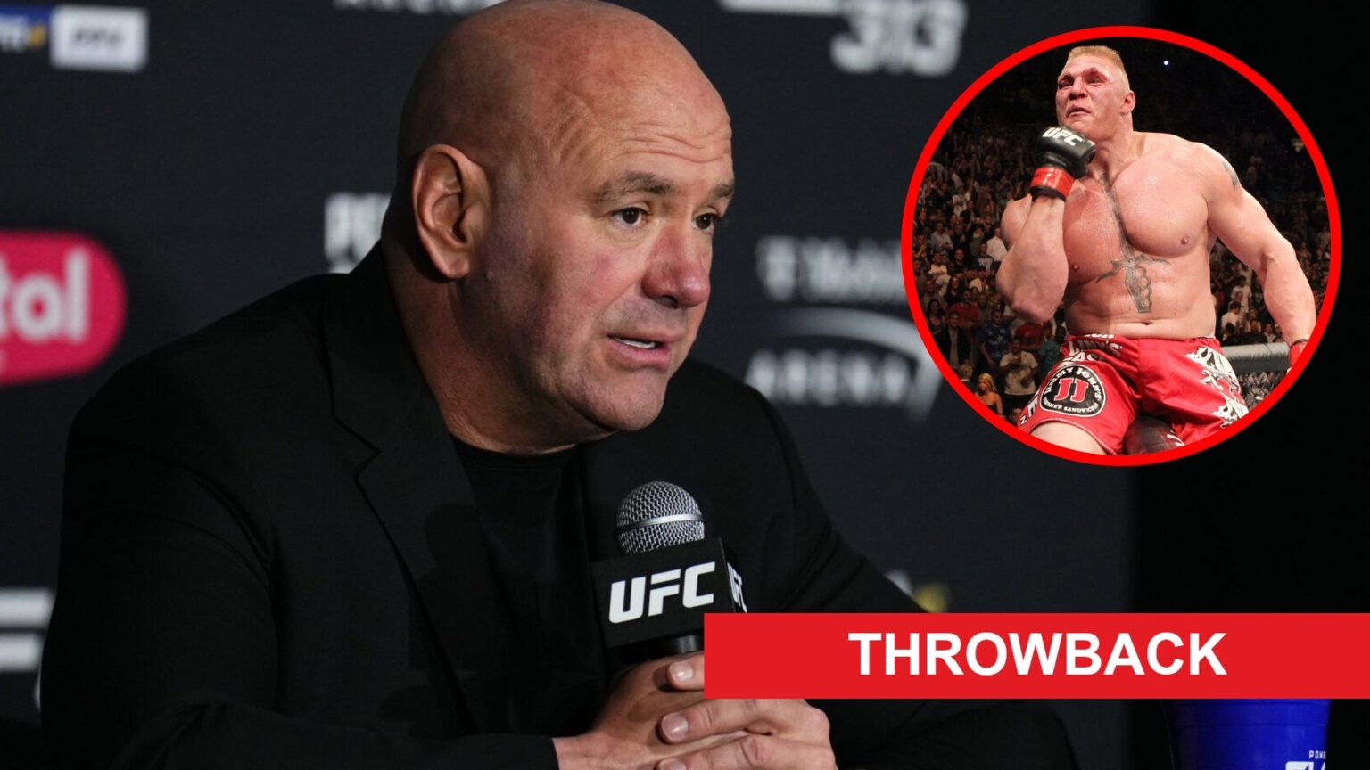 Dana White speaks at the UFC 313 post-fight press conference, inset Brock Lesnar celebrates after beating Shane Carwin at UFC 116 with throwback ba...