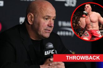 Dana White speaks at the UFC 313 post-fight press conference, inset Brock Lesnar celebrates after beating Shane Carwin at UFC 116 with throwback ba...
