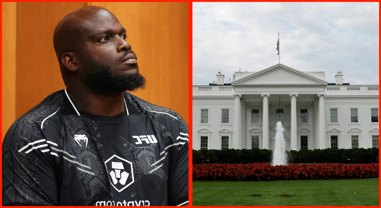 Derrick Lewis sits in his locker room ahead of UFC St. Louis, opposite a frontal view of The White House