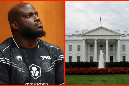 Derrick Lewis sits in his locker room ahead of UFC St. Louis, opposite a frontal view of The White House