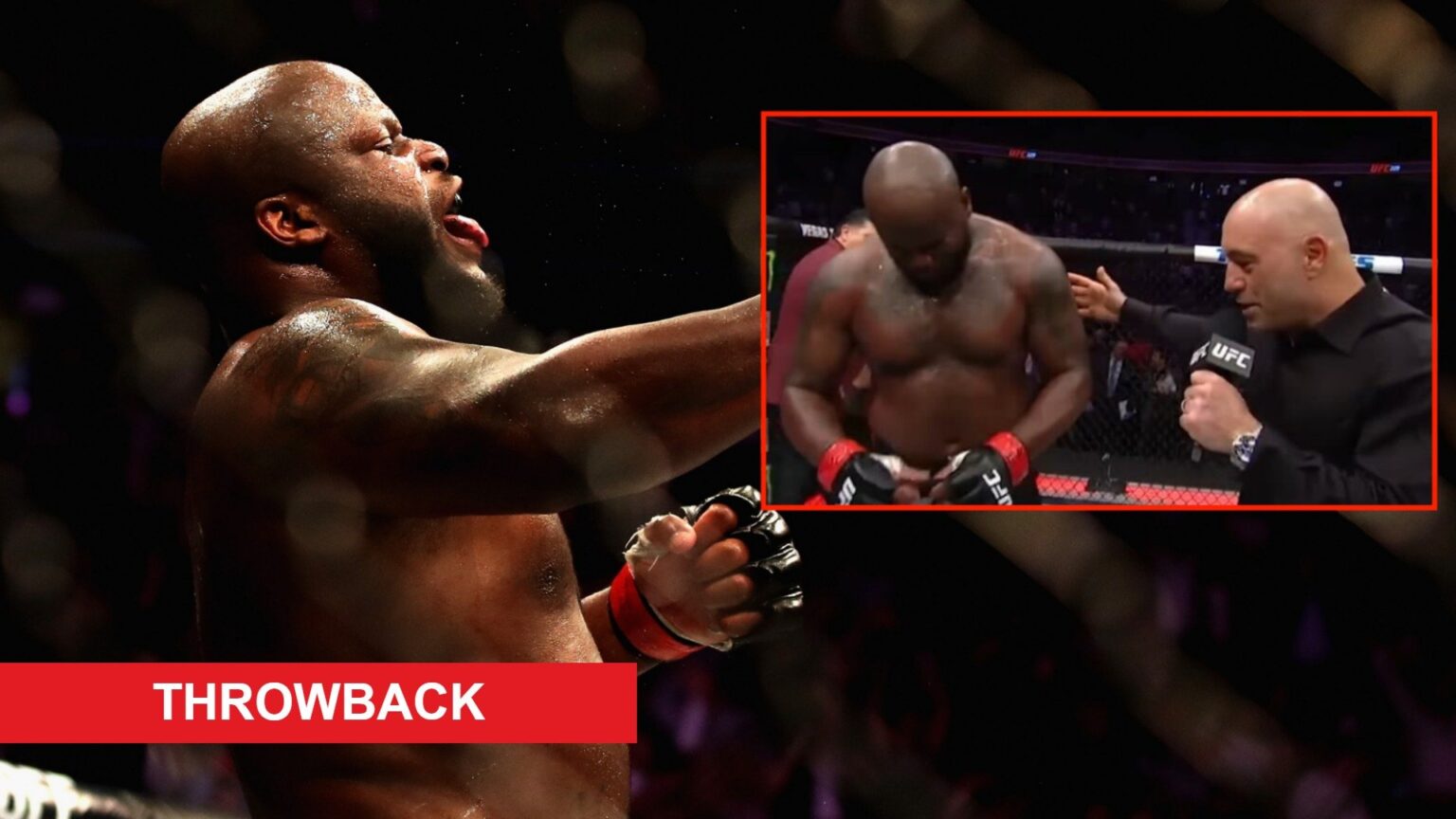 Derrick Lewis celebrates after knocking out Alexander Volkov, inset Lewis interviewing with Joe Rogan at UFC 229