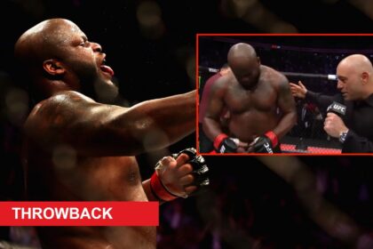 Derrick Lewis celebrates after knocking out Alexander Volkov, inset Lewis interviewing with Joe Rogan at UFC 229