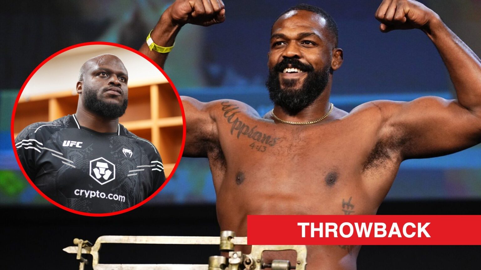 Main: Jon Jones poses on the scale at the UFC 309 ceremonial weigh-in at Madison Square Garden. Inset: Derrick Lewis walks around his locker room a...