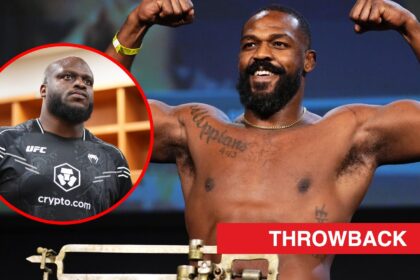 Main: Jon Jones poses on the scale at the UFC 309 ceremonial weigh-in at Madison Square Garden. Inset: Derrick Lewis walks around his locker room a...