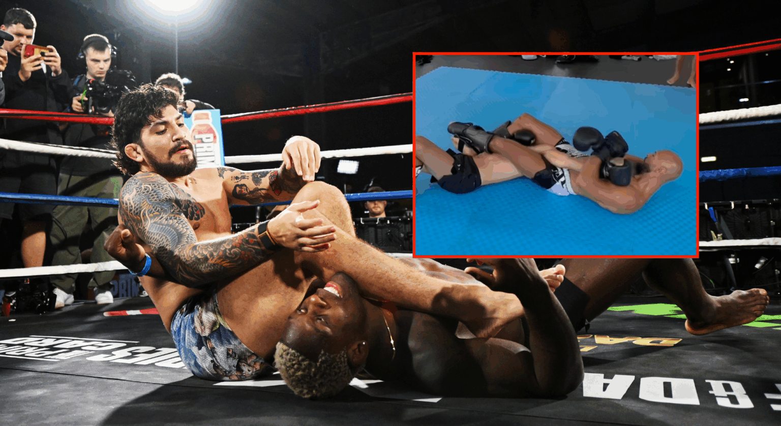 Main photo shows Dillon Danis lock in an arm bar on Phil Hawes at an open workout. Block photo shows Andrew Tate do the same to Warren Spencer