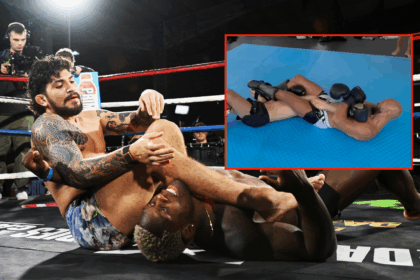 Main photo shows Dillon Danis lock in an arm bar on Phil Hawes at an open workout. Block photo shows Andrew Tate do the same to Warren Spencer