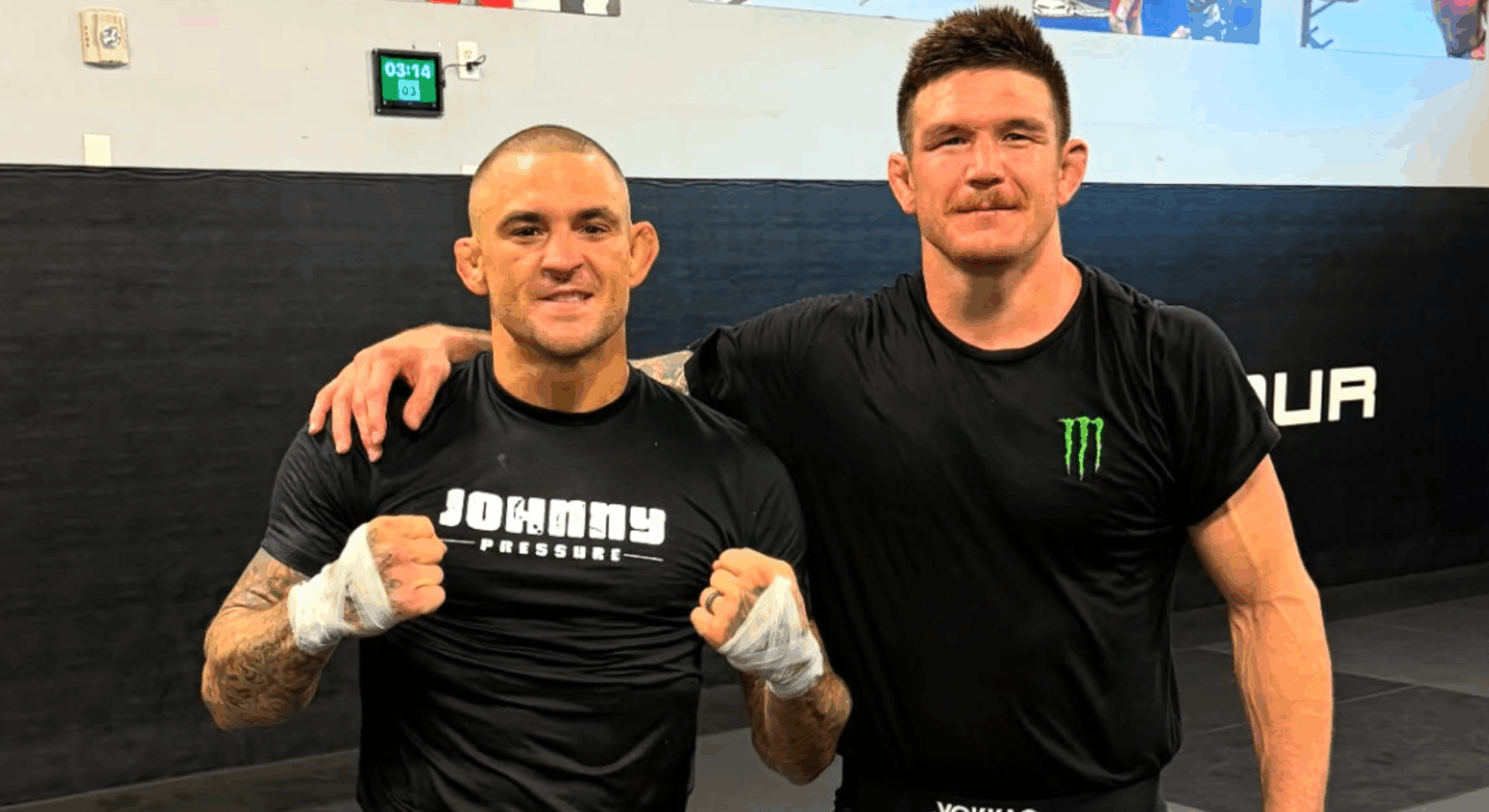 Dustin Poirier and Johnny Eblen on the mat after a training session
