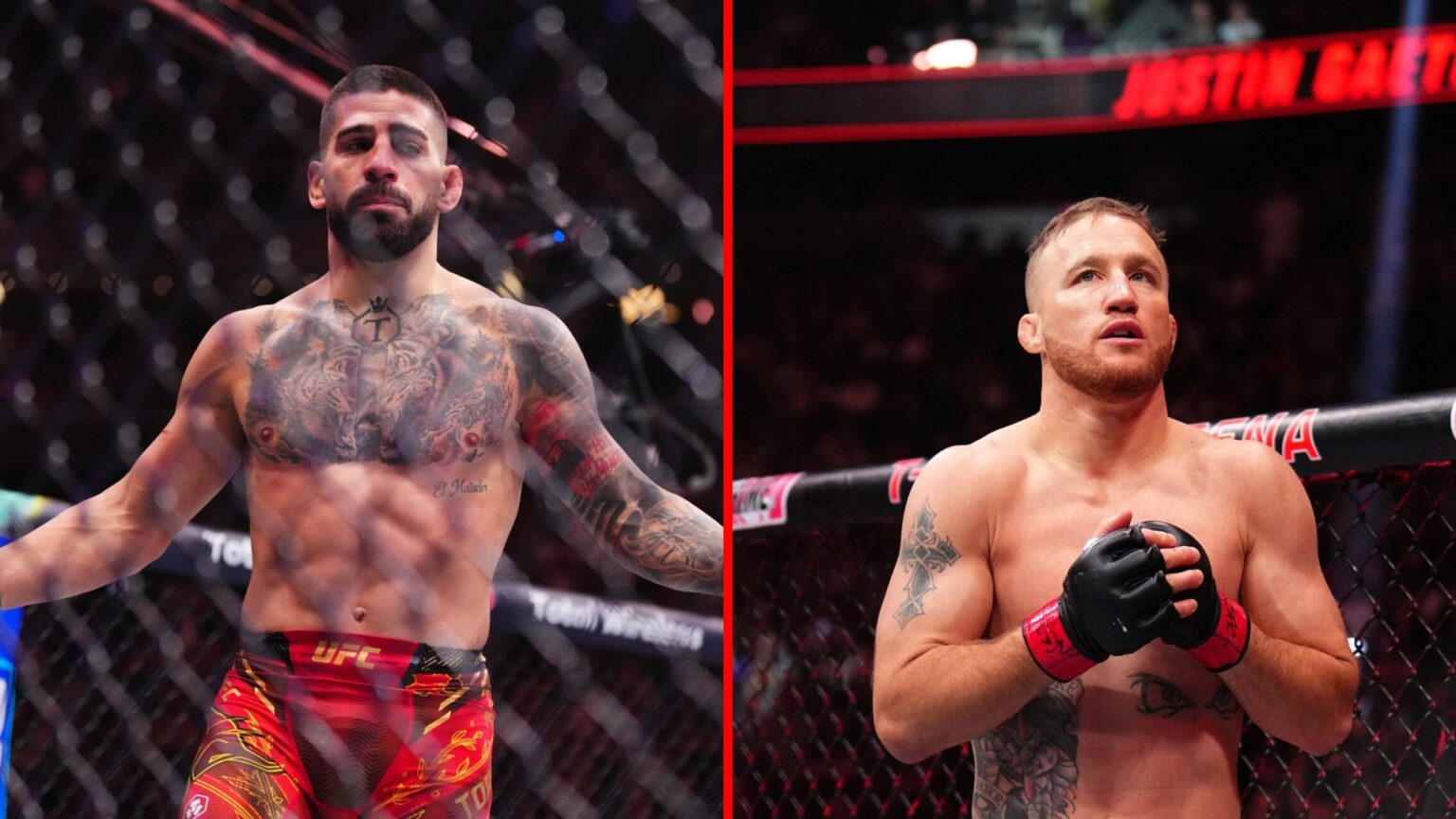 Split image of Justin Gaethje at UFC 313 and Ilia Topuria at UFC 317