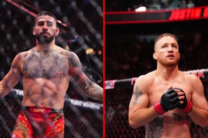 Split image of Justin Gaethje at UFC 313 and Ilia Topuria at UFC 317