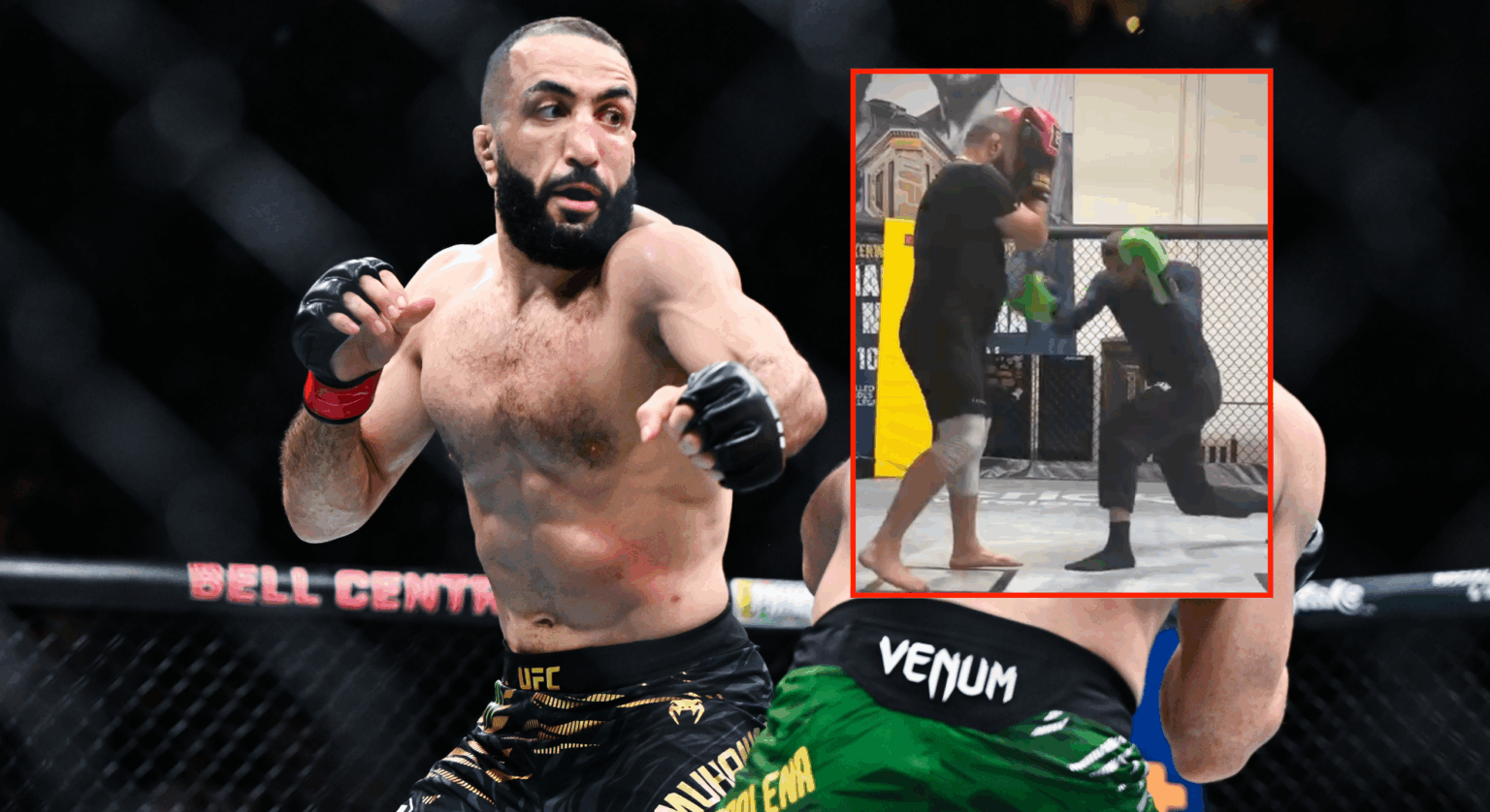 Main photo shows Belal Muhammad throwing a punch at Jack Della Maddalena during UFC 315. Block photo shows Belal Muhammad sparring with Slim Albaher