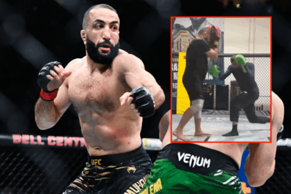 Main photo shows Belal Muhammad throwing a punch at Jack Della Maddalena during UFC 315. Block photo shows Belal Muhammad sparring with Slim Albaher