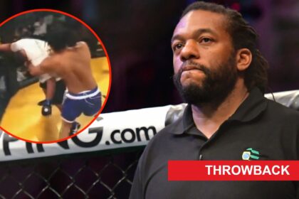 Herb Dean looks on before officiating Deiveson Figueiredo vs. Brandon Moreno 4 at UFC 283, inset Dean punching Tim Mendoza.