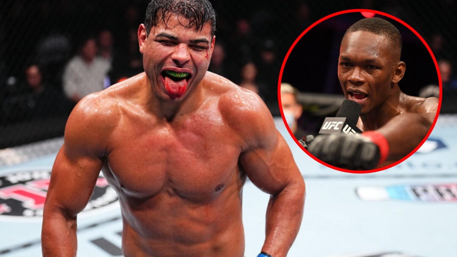 Main: Paulo Costa reacts during his fight with Robert Whittaker at UFC 298. Inset: Israel Adesanya is interviewed inside the Octagon after his win ...