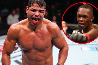 Main: Paulo Costa reacts during his fight with Robert Whittaker at UFC 298. Inset: Israel Adesanya is interviewed inside the Octagon after his win ...