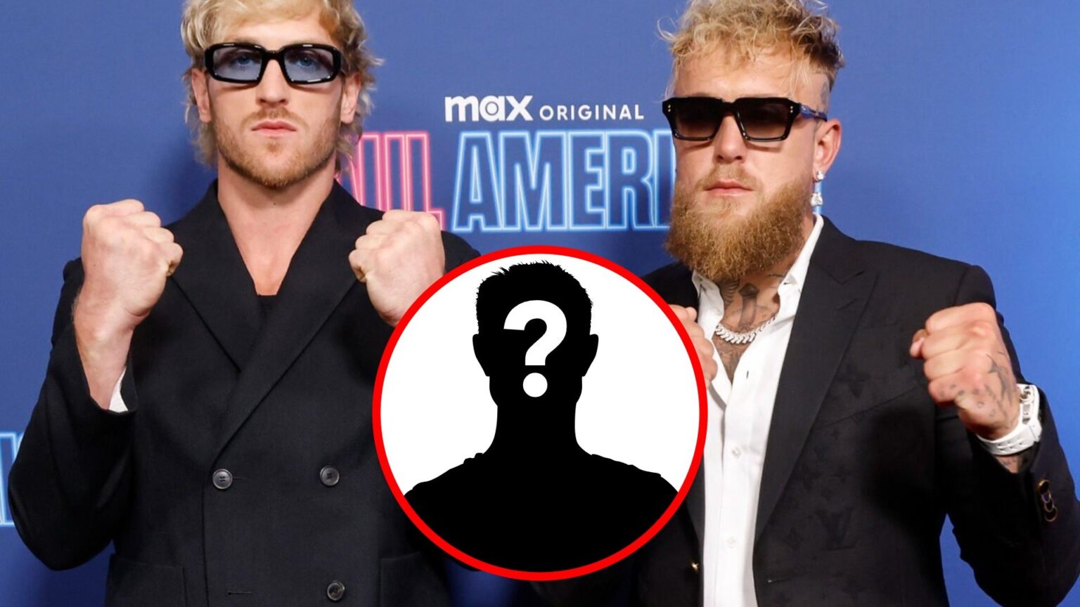 Logan Paul and Jake Paul pose at the premiere of 'Paul American' in New York City, inset mystery icon