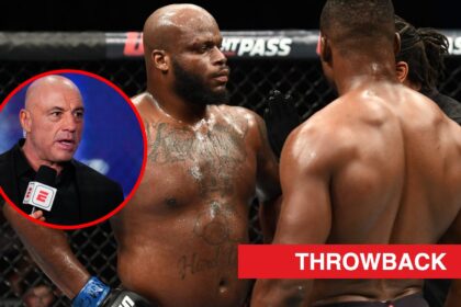 Main: Herb Dean speaks to Derrick Lewis and Francis Ngannou during their fight at UFC 226. Inset: Joe Rogan on commentary duty at UFC 313.