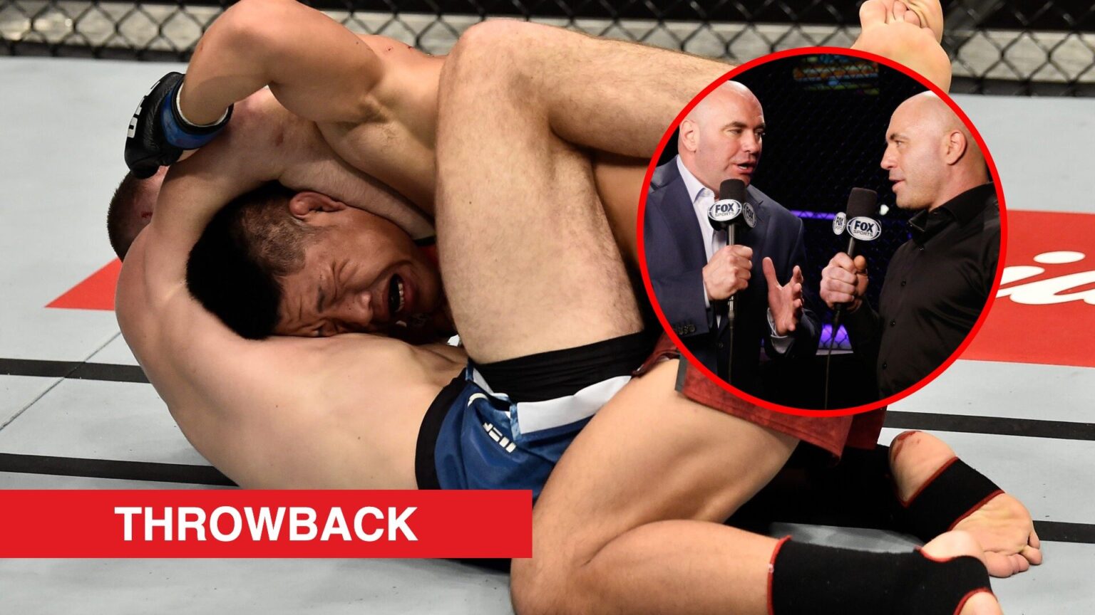Main: Li Jingliang commits a foul on Jake Matthews while stuck in a guillotine choke at UFC 221. Inset: Dana White and Joe Rogan talk during the UF...