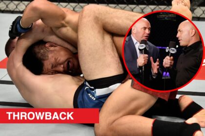 Main: Li Jingliang commits a foul on Jake Matthews while stuck in a guillotine choke at UFC 221. Inset: Dana White and Joe Rogan talk during the UF...