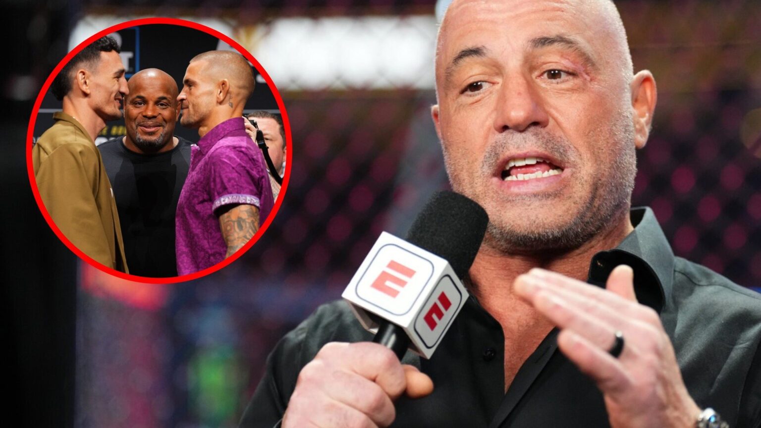 Joe Rogan speaks during the UFC 290 broadcast in Las Vegas, inset Max Holloway and Dustin Poirier face-off at the UFC 318 press conference