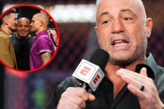 Joe Rogan speaks during the UFC 290 broadcast in Las Vegas, inset Max Holloway and Dustin Poirier face-off at the UFC 318 press conference