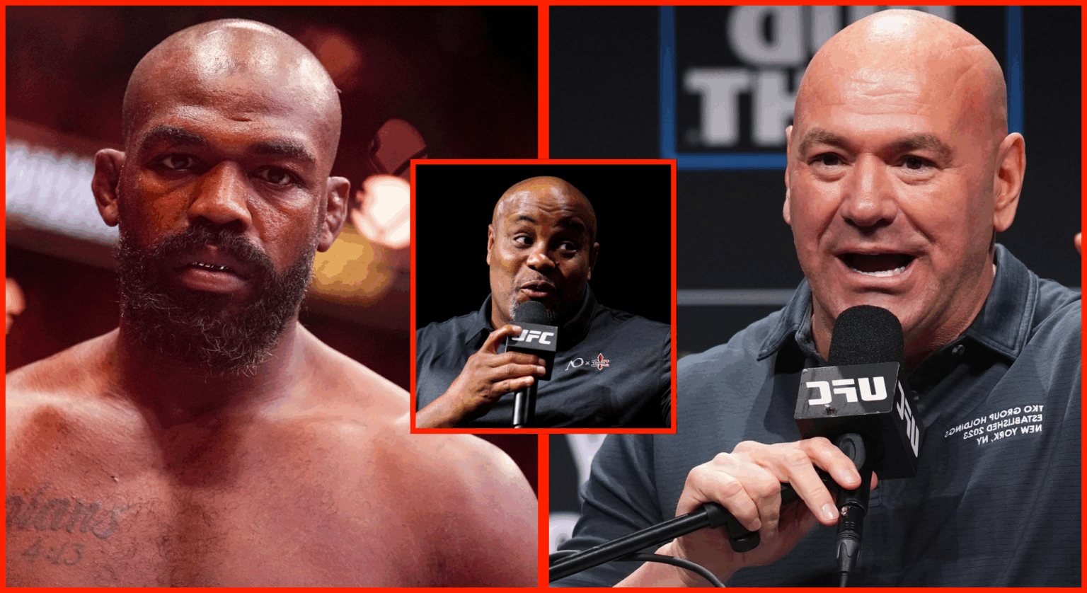 Jon Jones enters the Octagon for his fight at UFC 309, opposite Dana White at the UFC 318 press conference, inset Daniel Cormier at a UFC Q+A