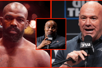 Jon Jones enters the Octagon for his fight at UFC 309, opposite Dana White at the UFC 318 press conference, inset Daniel Cormier at a UFC Q+A