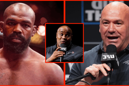 Jon Jones enters the Octagon for his fight at UFC 309, opposite Dana White at the UFC 318 press conference, inset Daniel Cormier at a UFC Q+A