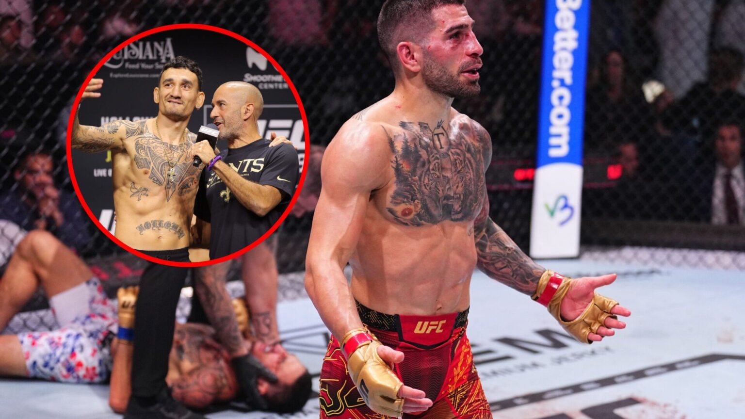Main: Ilia Topuria celebrates after knocking out Max Holloway in their title fight at UFC 308. Inset: Max Holloway is interviewed by Jon Anik on st...