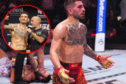 Main: Ilia Topuria celebrates after knocking out Max Holloway in their title fight at UFC 308. Inset: Max Holloway is interviewed by Jon Anik on st...