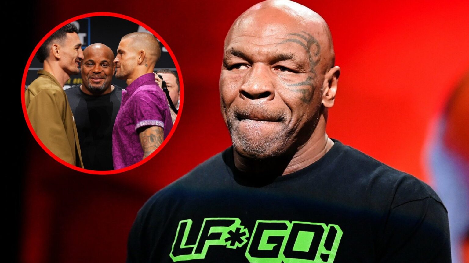 Mike Tyson at the open workout ahead of his fight with Jake Paul, inset of Max Holloway and Dustin Poirier facing off ahead of UFC 318.