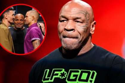 Mike Tyson at the open workout ahead of his fight with Jake Paul, inset of Max Holloway and Dustin Poirier facing off ahead of UFC 318.