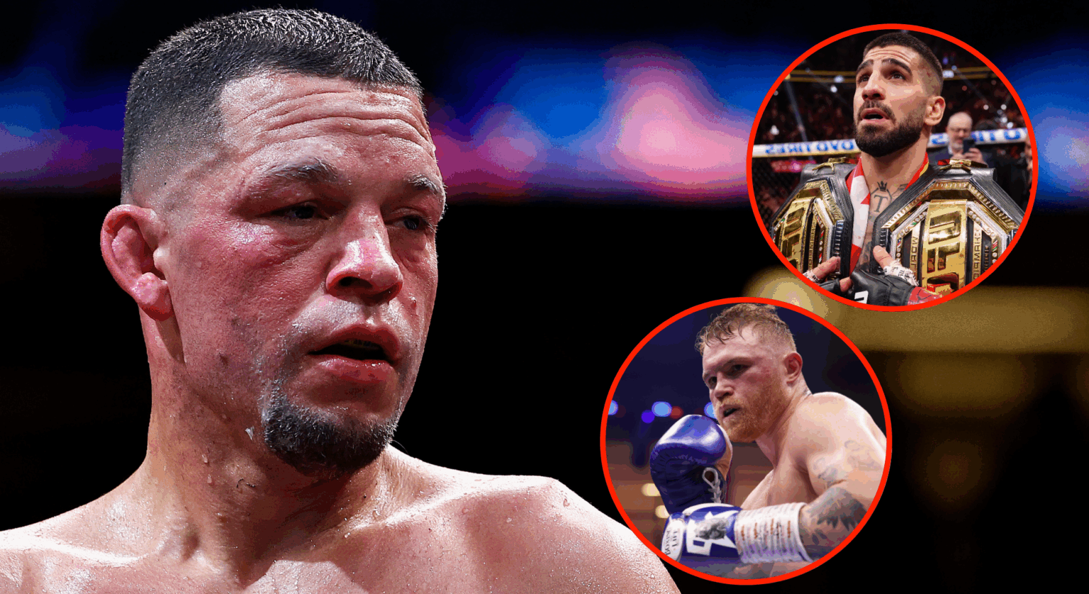 Nate Diaz in the boxing ring for his fight with Jorge Masvidal, inset Ilia Topuria after a win at UFC 317, and Canelo Alvarez boxing William Scull