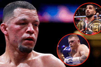Nate Diaz in the boxing ring for his fight with Jorge Masvidal, inset Ilia Topuria after a win at UFC 317, and Canelo Alvarez boxing William Scull