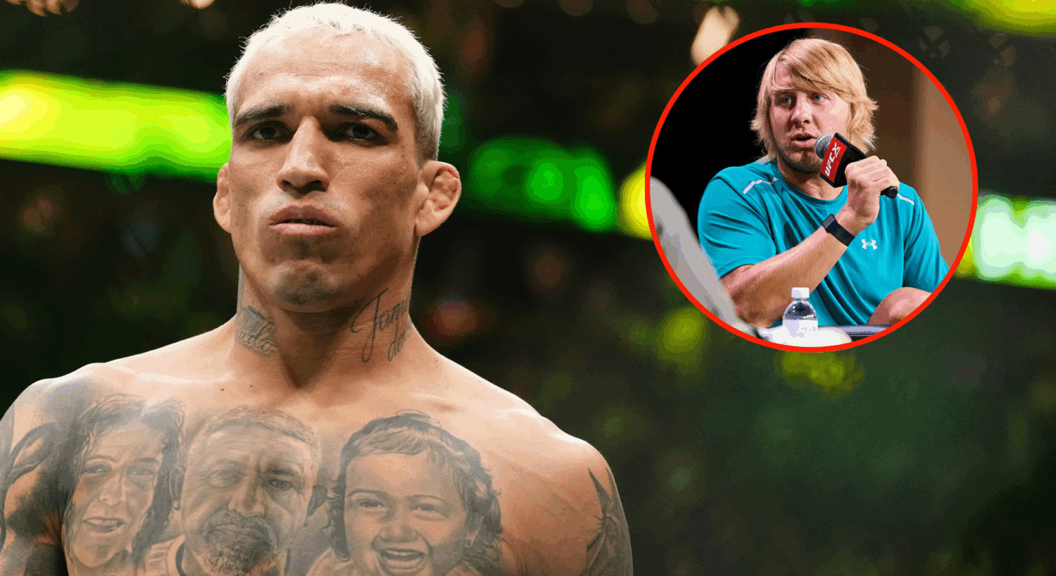 Charles Oliveira enters the Octagon for his main event fight at UFC 317, inset Paddy Pimblett at UFC X