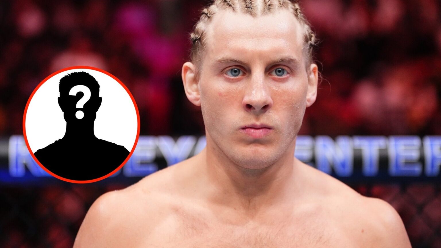 Paddy Pimblett stares down Michael Chandler in the octagon before their fight at UFC 314 with a mystery silhouette in a circle to the left of him.