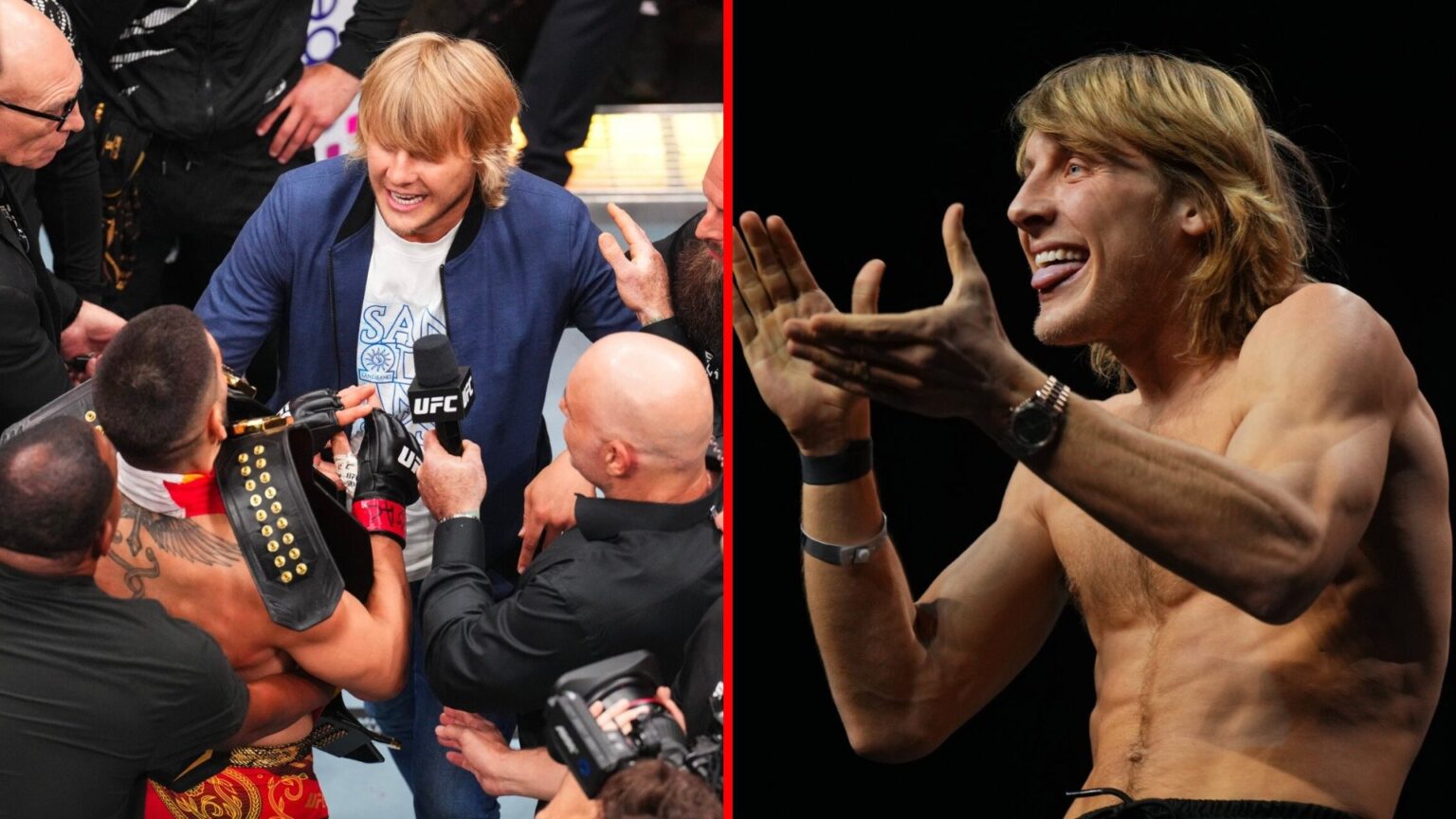 Split image of Paddy Pimblett facing off with Ilia Topuria at UFC 317, Paddy Pimblett at UFC 296 weigh-in