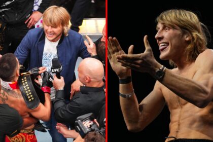 Split image of Paddy Pimblett facing off with Ilia Topuria at UFC 317, Paddy Pimblett at UFC 296 weigh-in