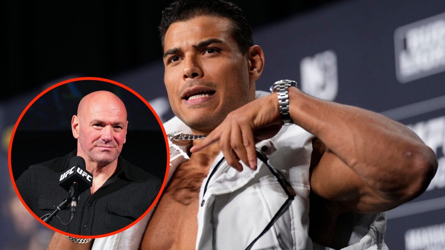 Paulo Costa poses with a chain on stage at the UFC 302 press conference with an inset of Dana White answering questions at the UFC 297 press confer...