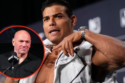 Paulo Costa poses with a chain on stage at the UFC 302 press conference with an inset of Dana White answering questions at the UFC 297 press confer...