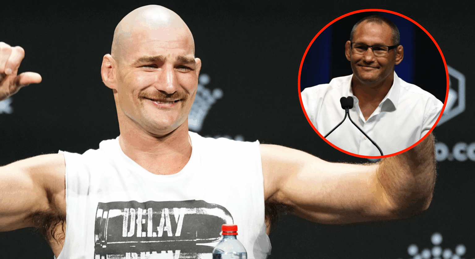 Sean Strickland acknowledges the crowd during the UFC 312 press conference, inset Dan Henderson at a UFC Hall of Fame ceremony