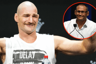 Sean Strickland acknowledges the crowd during the UFC 312 press conference, inset Dan Henderson at a UFC Hall of Fame ceremony