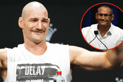 Sean Strickland acknowledges the crowd during the UFC 312 press conference, inset Dan Henderson at a UFC Hall of Fame ceremony