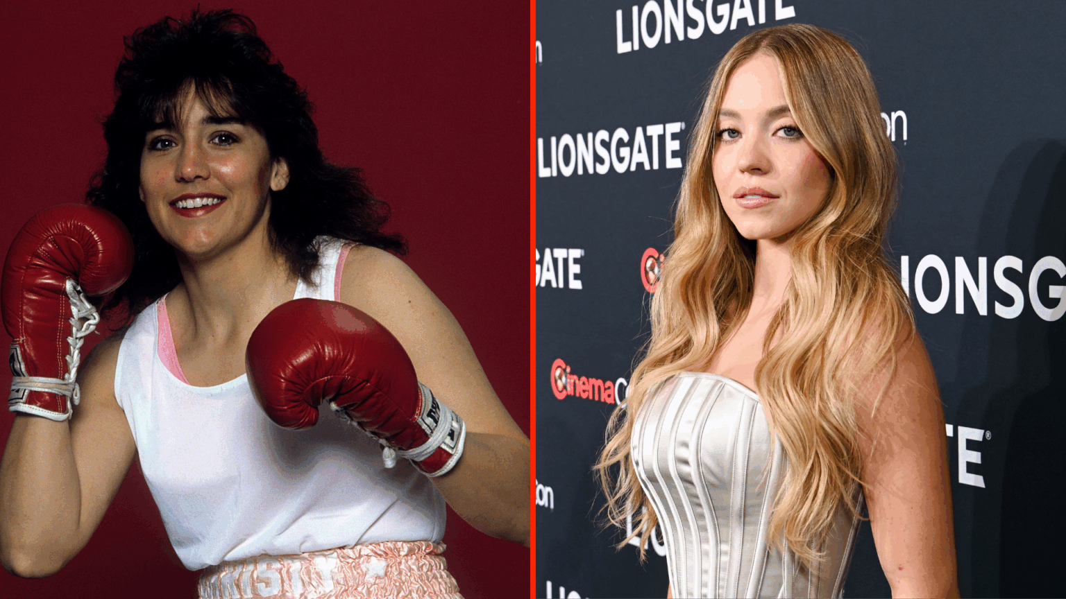Split image of Christy Martin posing for boxing portrait, actress Sydney Sweeney posing for a photo at Cinema Con