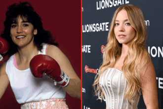 Split image of Christy Martin posing for boxing portrait, actress Sydney Sweeney posing for a photo at Cinema Con