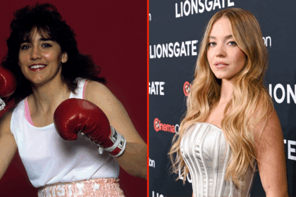 Split image of Christy Martin posing for boxing portrait, actress Sydney Sweeney posing for a photo at Cinema Con